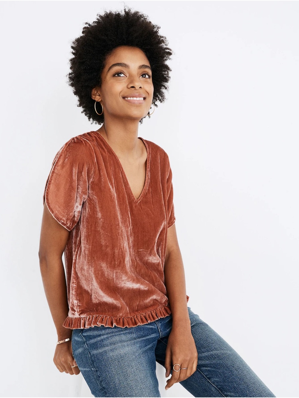 Madewell Rust Velvet V-Neck Ruffle-Hem Top